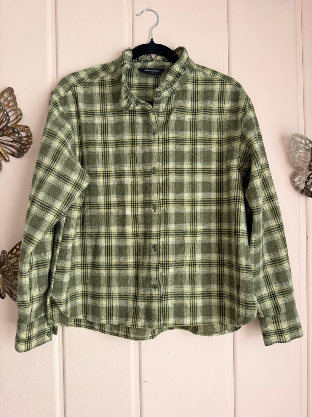 Banana Republic Olive and Light Green Plaid Button-Down Shirt w/ruffled collar